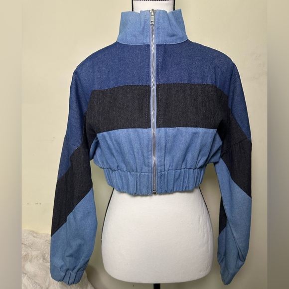 Stylish Blue and Black Women's Cropped Jacket faux denim - Picture 8 of 8